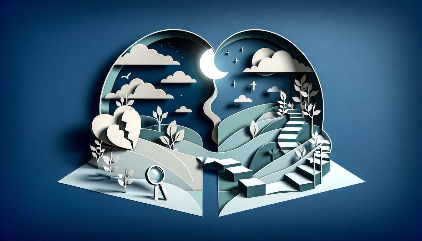 Paper art heart split between two torn paper face silhouettes on dark blue background for Do I Still Love My Ex quiz