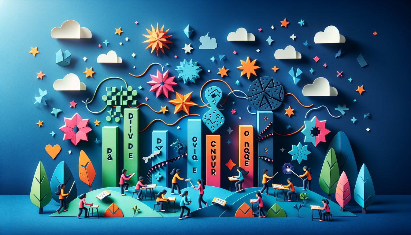 Colorful paper art promoting the Divide  Conquer Challenge, a dynamic math quiz for middle school students.