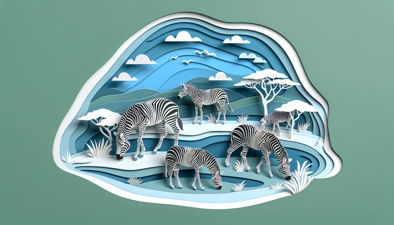 Paper art zebra illustration with black stripes on teal background and zebra quiz title banner