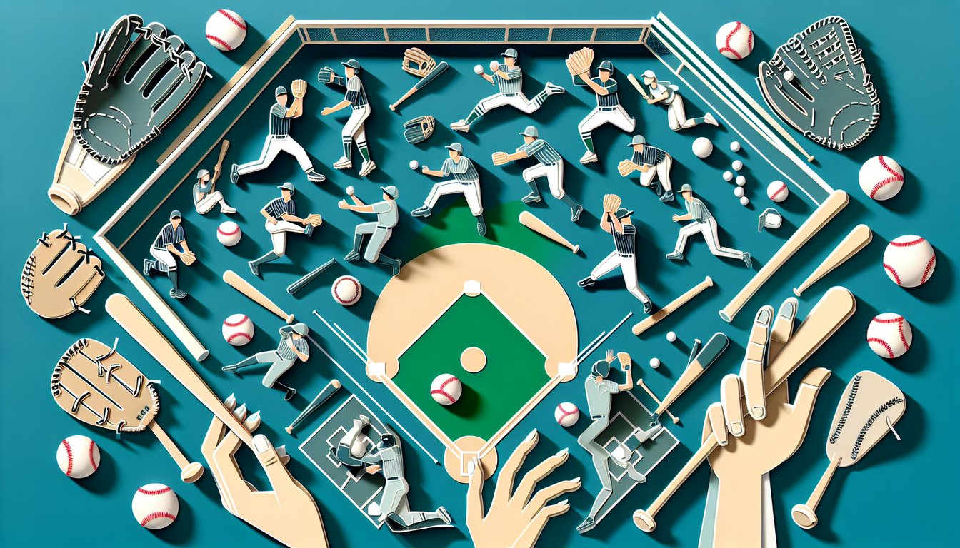 Paper art illustration for MLB personality quiz with baseball elements on a teal background.