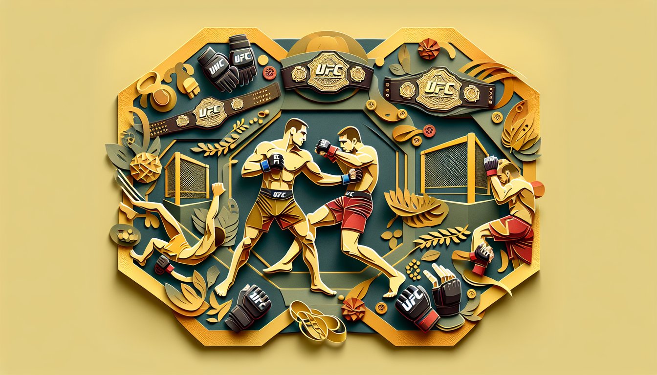 Paper art illustration featuring UFC quiz with gloves championship belt and fighter silhouettes on golden yellow background.