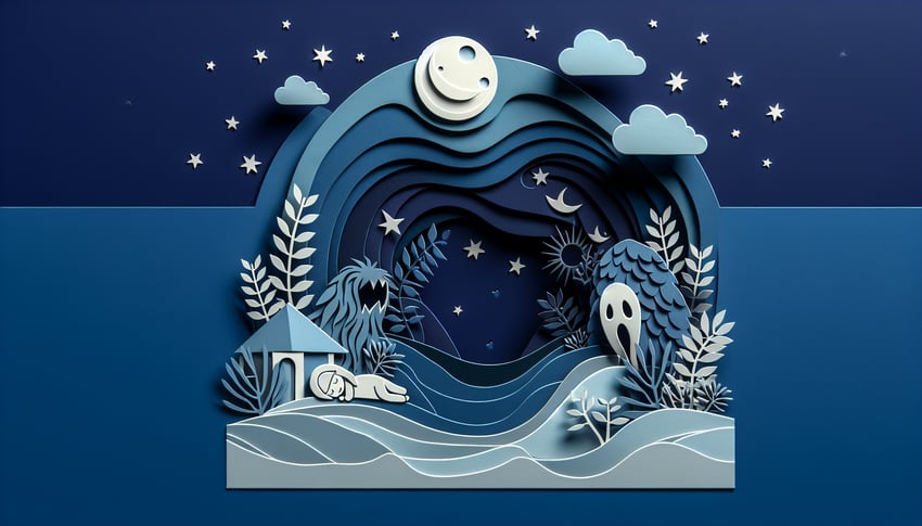 Paper art illustration for a quiz on identifying signs of night terrors in children on a dark blue background.