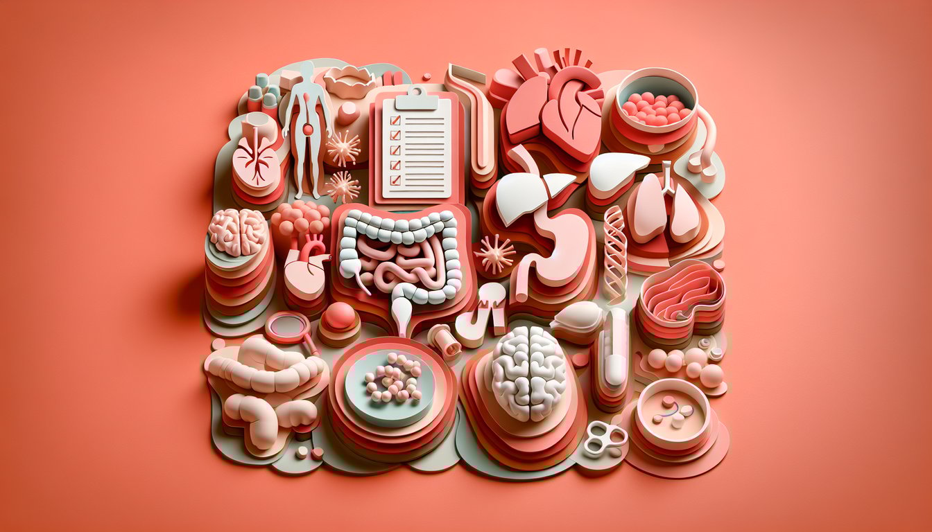 Paper art style illustration of human organs and body systems on coral background, advanced anatomy quiz theme.