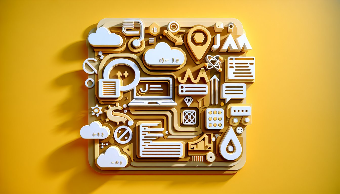 Paper art illustration for online Java quiz with core questions on OOP, methods, loops on a golden yellow background.