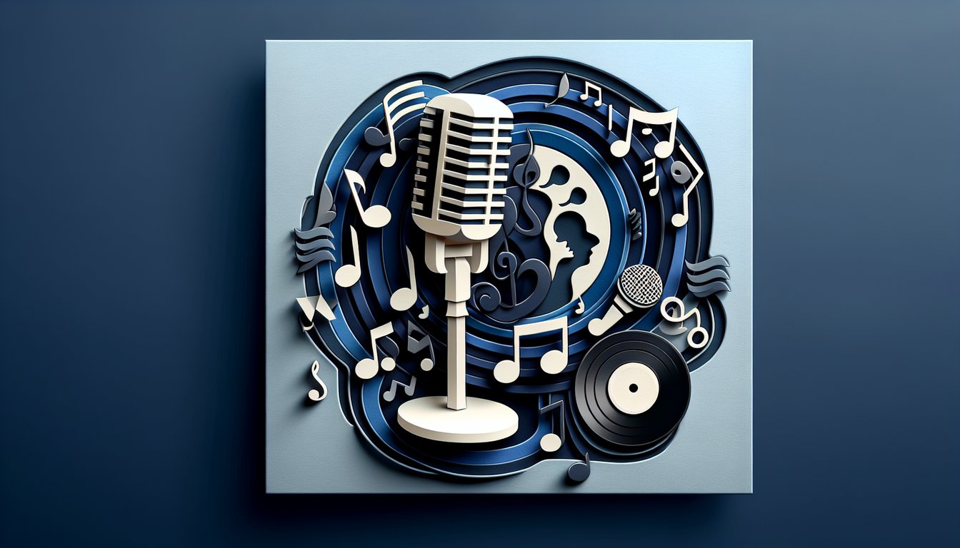 Paper art style microphone vinyl record music notes and quiz title on dark blue background