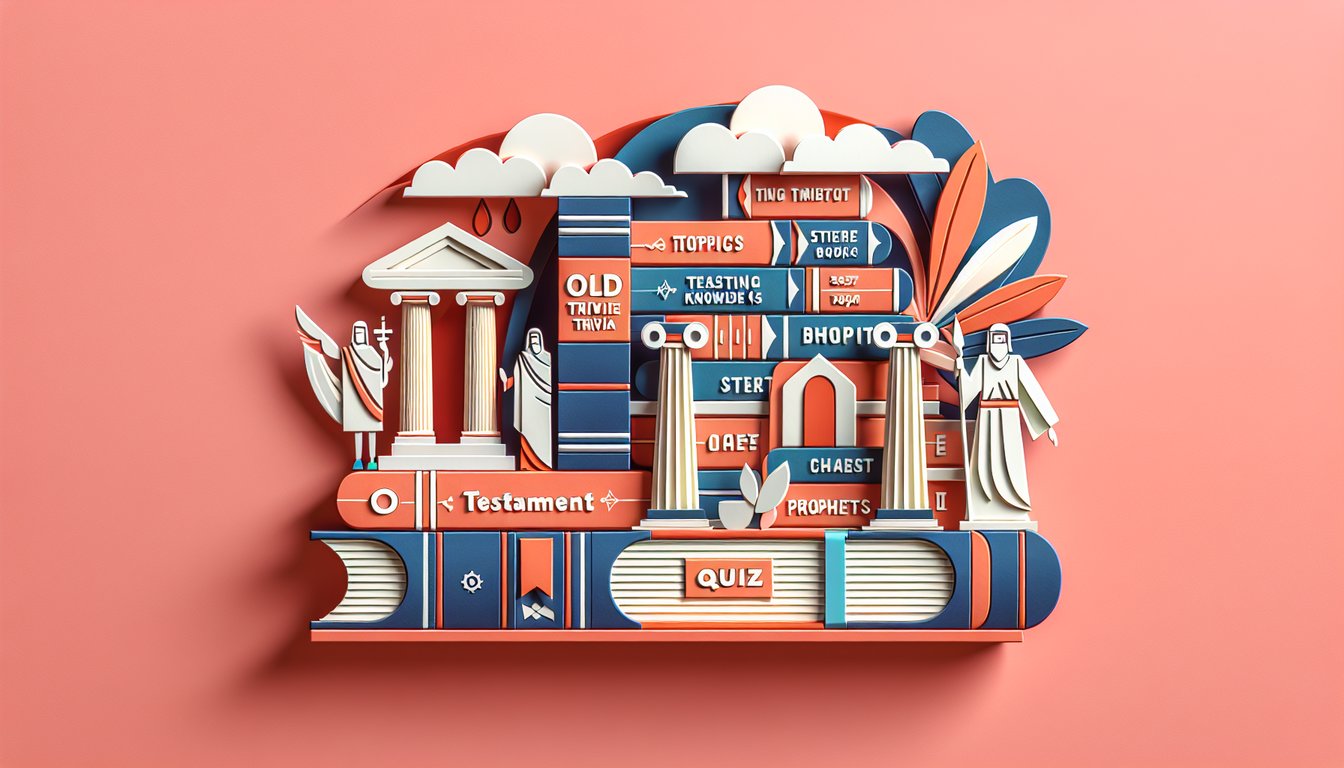 Paper art illustration for Old Testament trivia quiz on coral background