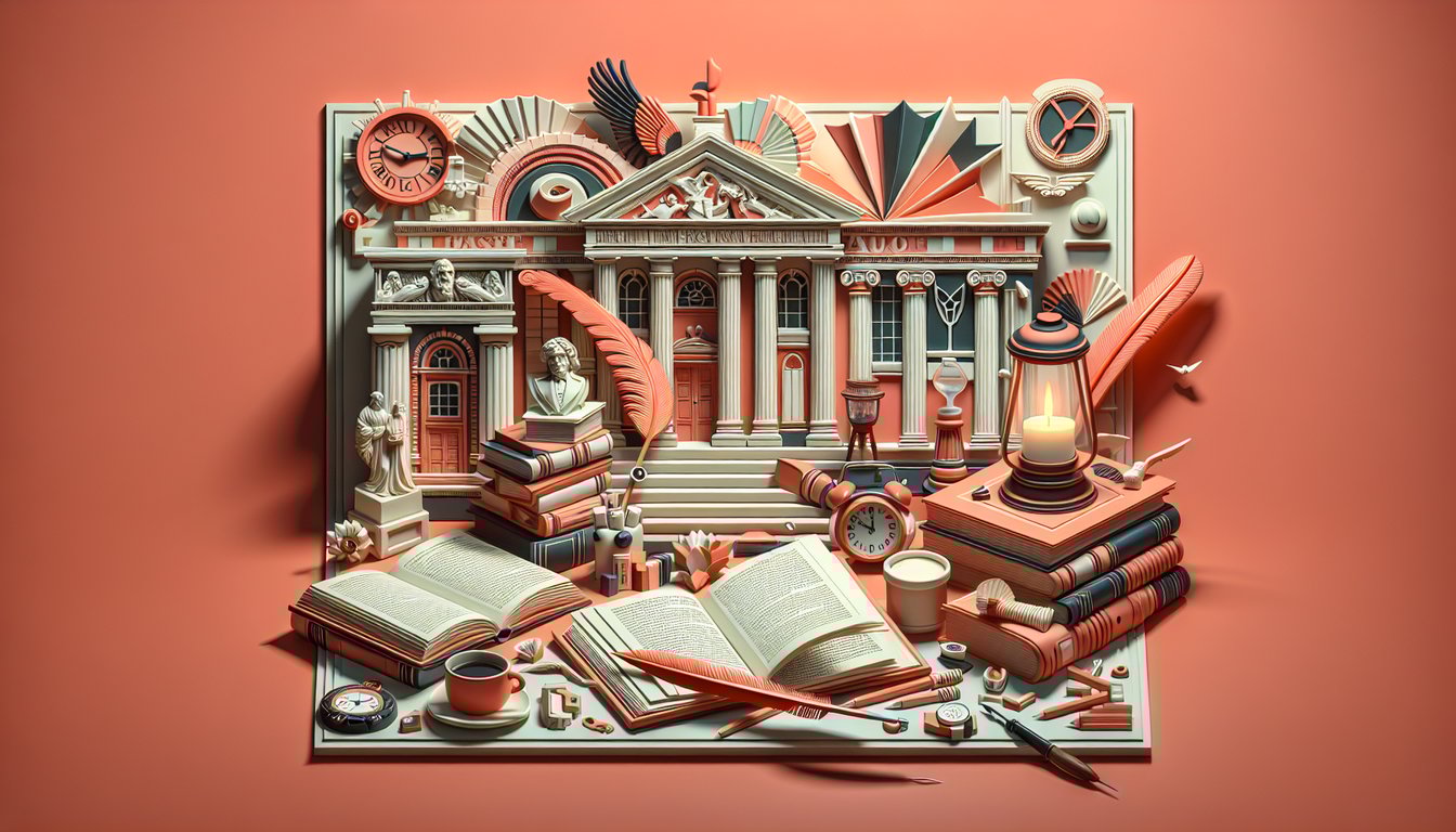 Paper art illustration of books quill pen and reading glasses on coral background promoting author trivia quiz challenge