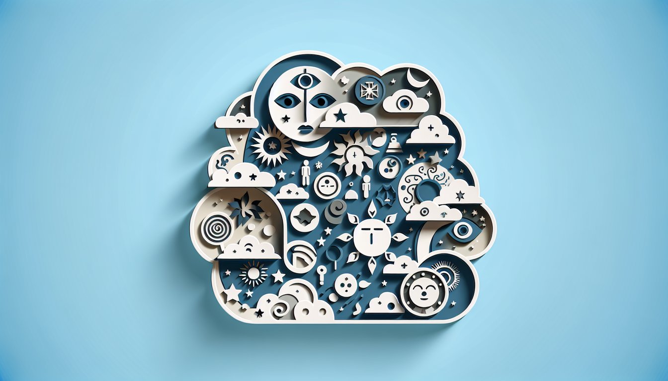 Paper art scene shows stylized paper cutouts of characters and film reels on sky blue background for personality quiz
