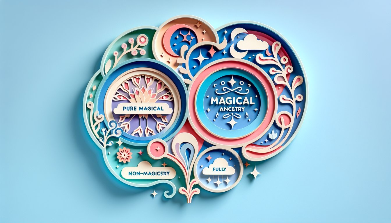 Paper art illustration showing wizarding family lineage scroll pure-blood half-blood muggle-born quiz on sky blue background