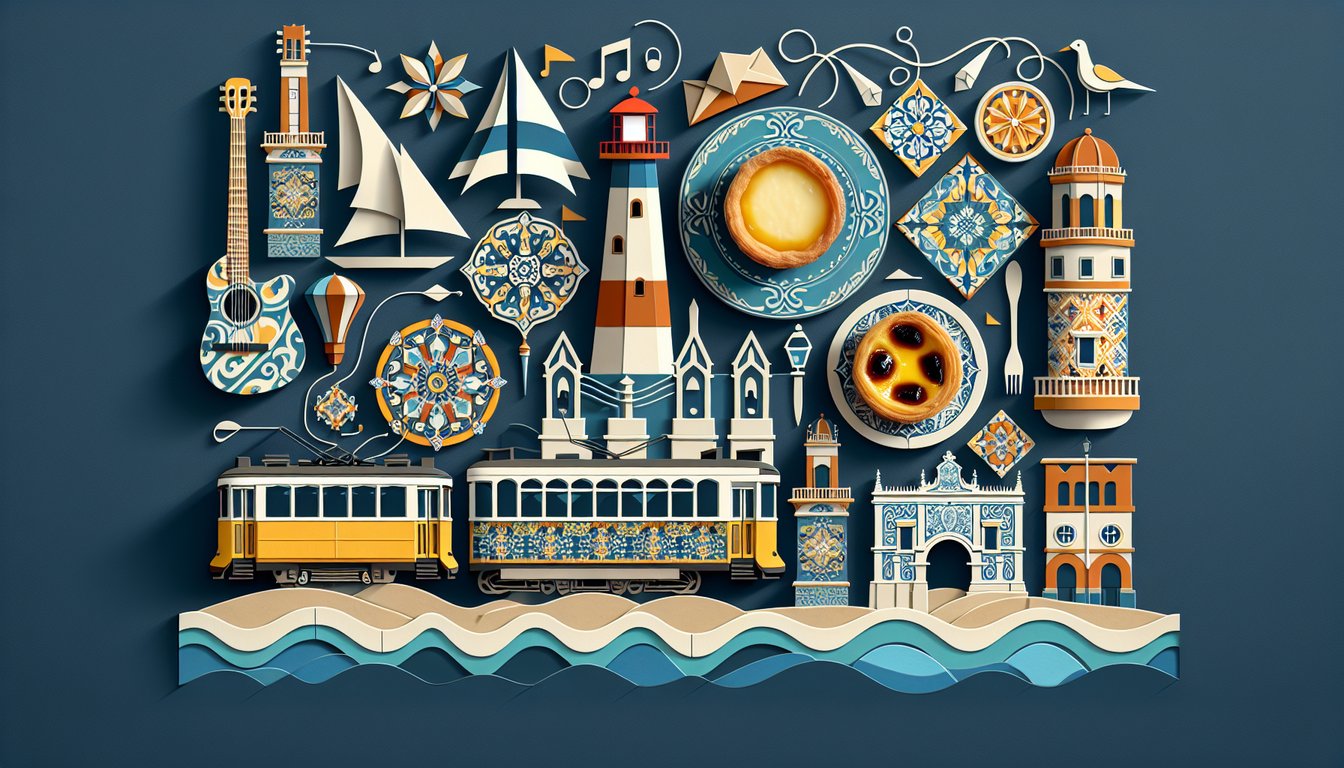Colorful paper art promoting a Portuguese Culture Trivia Quiz.