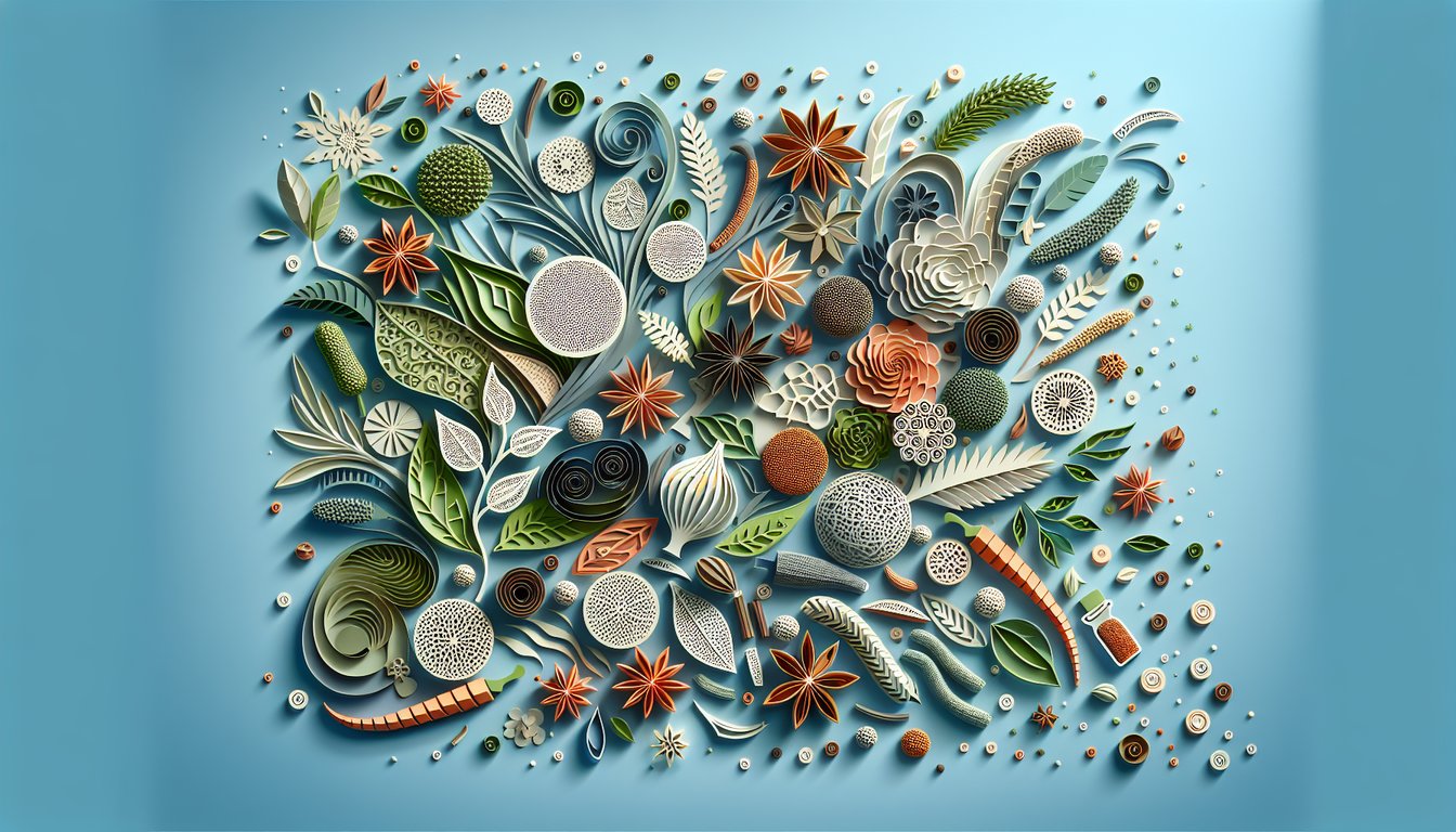 Paper art herbs, spices and spice jars arranged around quiz title on sky blue background.