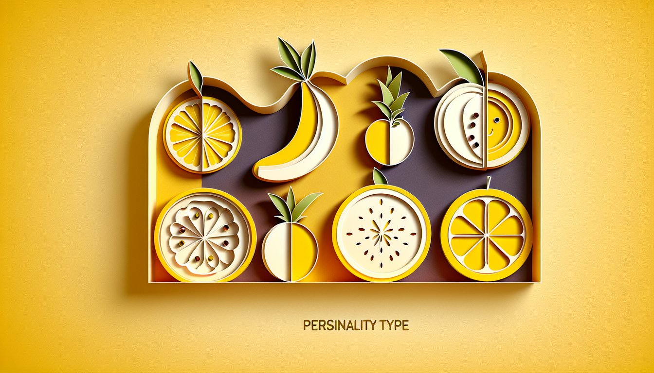 Paper cut fruit collage on golden yellow background featuring orange banana strawberry grapes kiwi for personality quiz