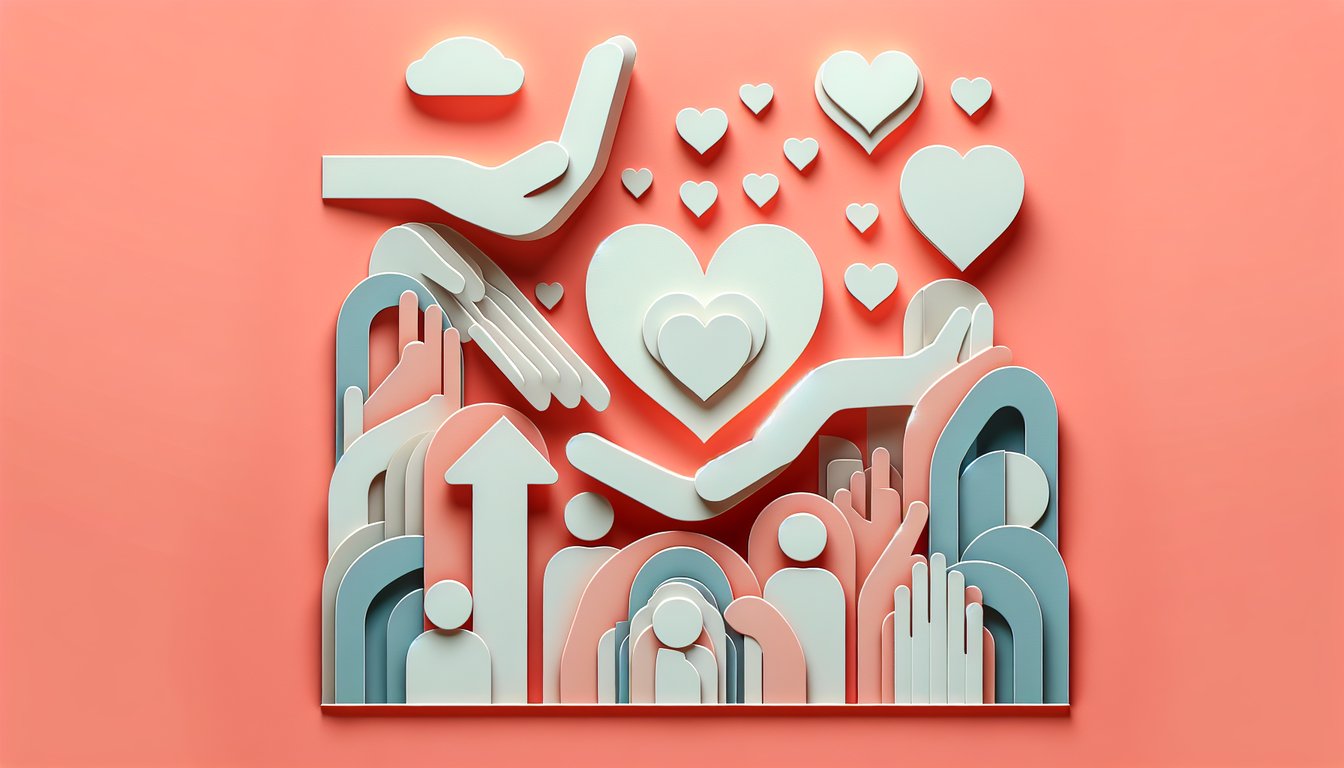 Paper art style illustration for free self harm quiz on coral background featuring layered paper hands and awareness ribbon