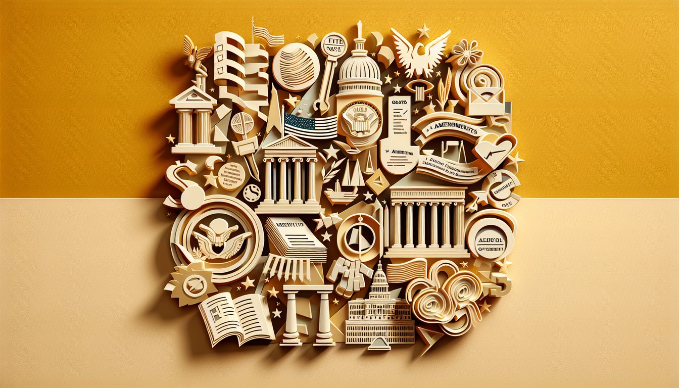 Paper art layers form a Federalism and Local Government quiz graphic on a golden yellow background.