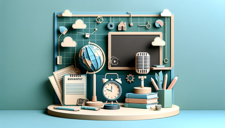 Paper art style portrait of Eva Peron alongside quiz title text on teal background