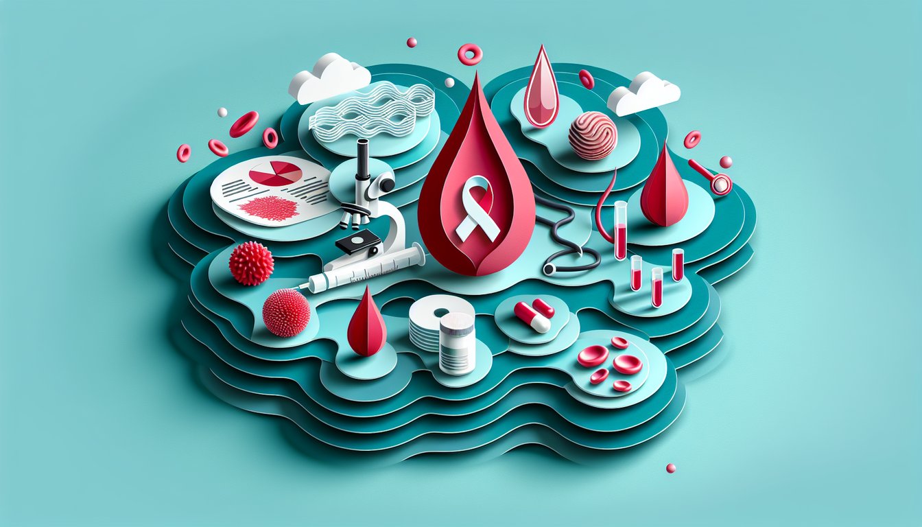Paper art style red blood cells and white ribbon on teal background representing leukemia lymphoma quiz essentials