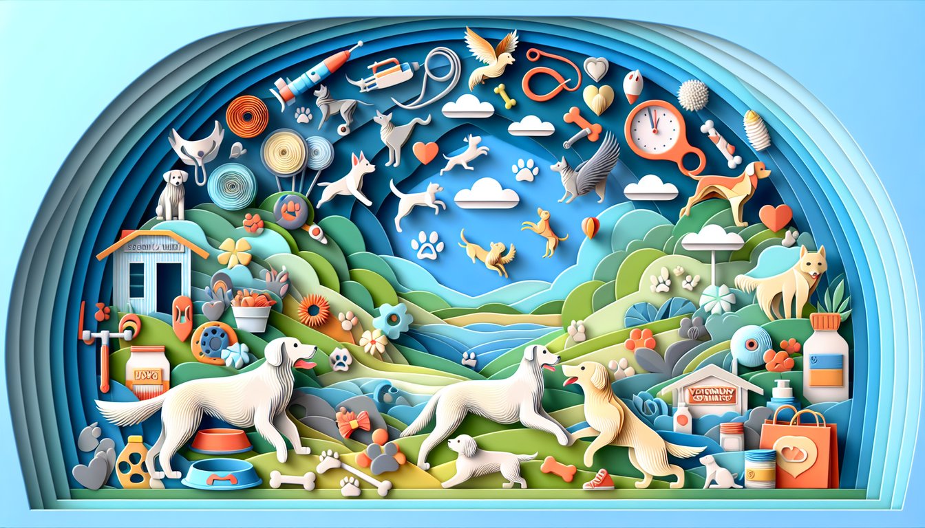 Paper art illustration of a dog with clock heart and chart icons on sky blue background for dog life expectancy quiz