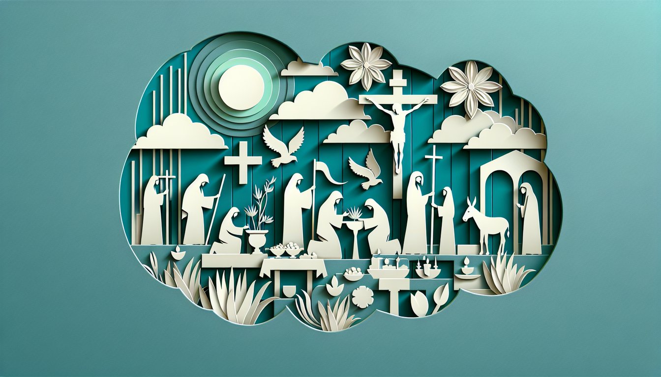 paper art silhouettes depicting key Holy Week events from Passion Sunday to Resurrection on teal background with quiz title