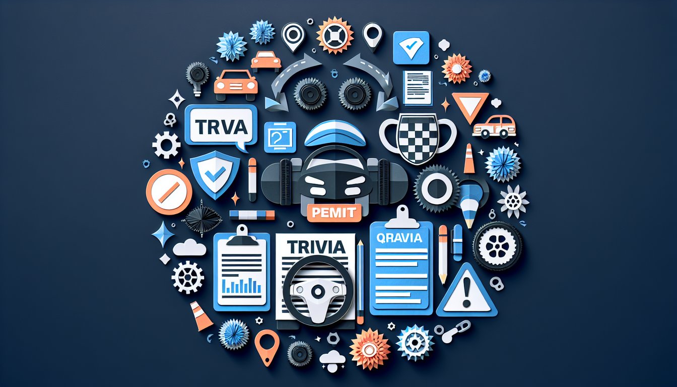 Colorful paper art depicting elements related to a drivers permit knowledge assessment quiz.