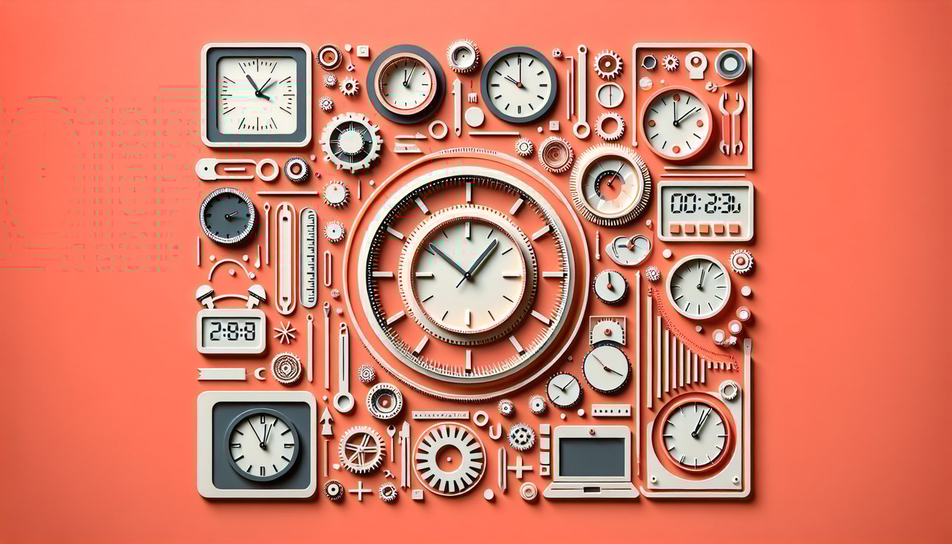 Paper art on coral background showing analog clock faces with hour and minute hands and digital time displays for clock quiz