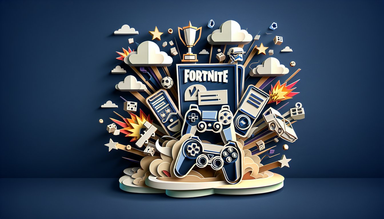 Paper art illustration for Fortnite quiz with trivia questions on dark blue background