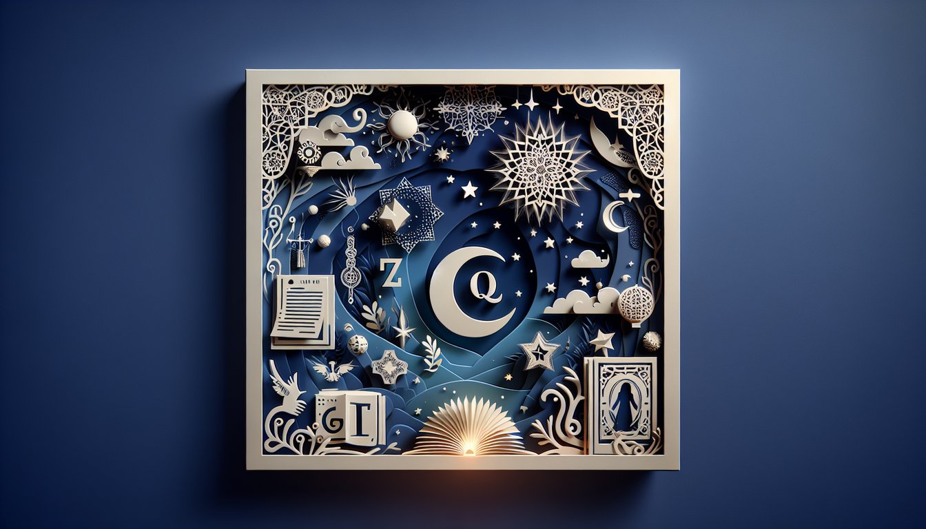 Paper art illustration for quiz uncovering first letter of future partners name on dark blue background