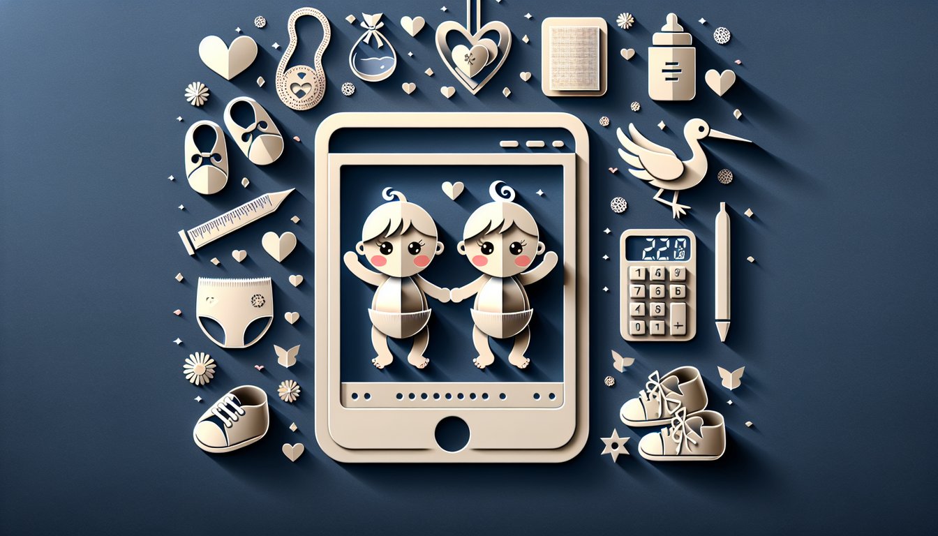 paper art illustration of baby twins icons charts question marks on dark blue background for gender prediction quiz