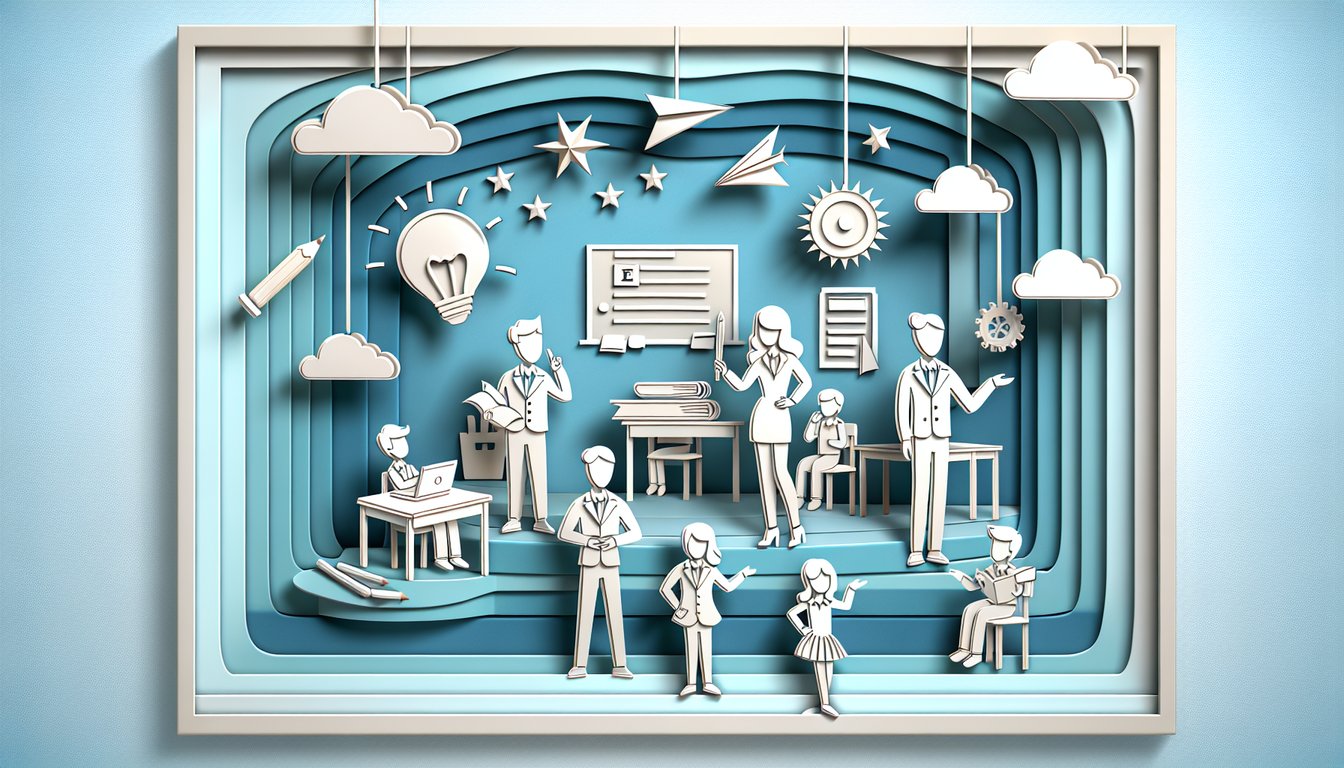 paper art illustration of students in classroom showing star student and class clown personas on sky blue background