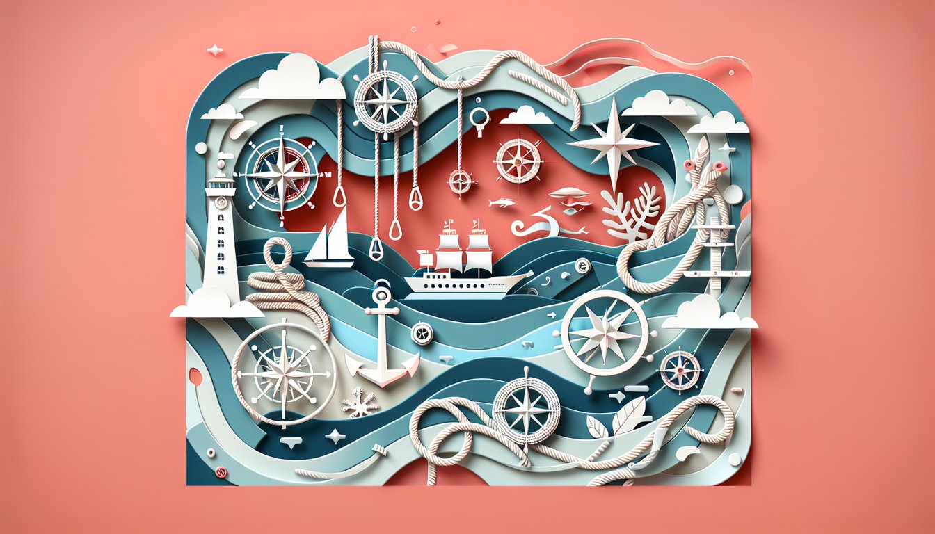 Stylized paper art battleship anchor compass steering wheel amid paper waves on coral background for navy trivia quiz