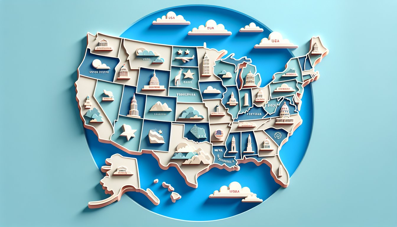 Paper art illustration of United States map and capital cities quiz invitation on sky blue background