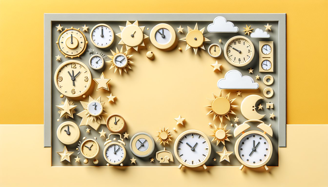 Paper art illustration for kids clock quiz on a golden yellow background.
