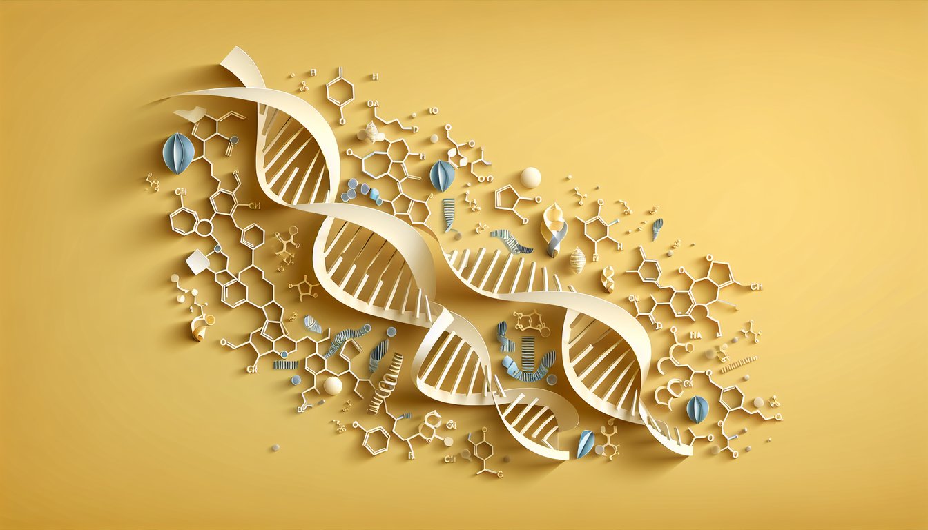 Paper art illustration shows stylized DNA double helix and nucleotide symbols with pairing lines on golden yellow background.
