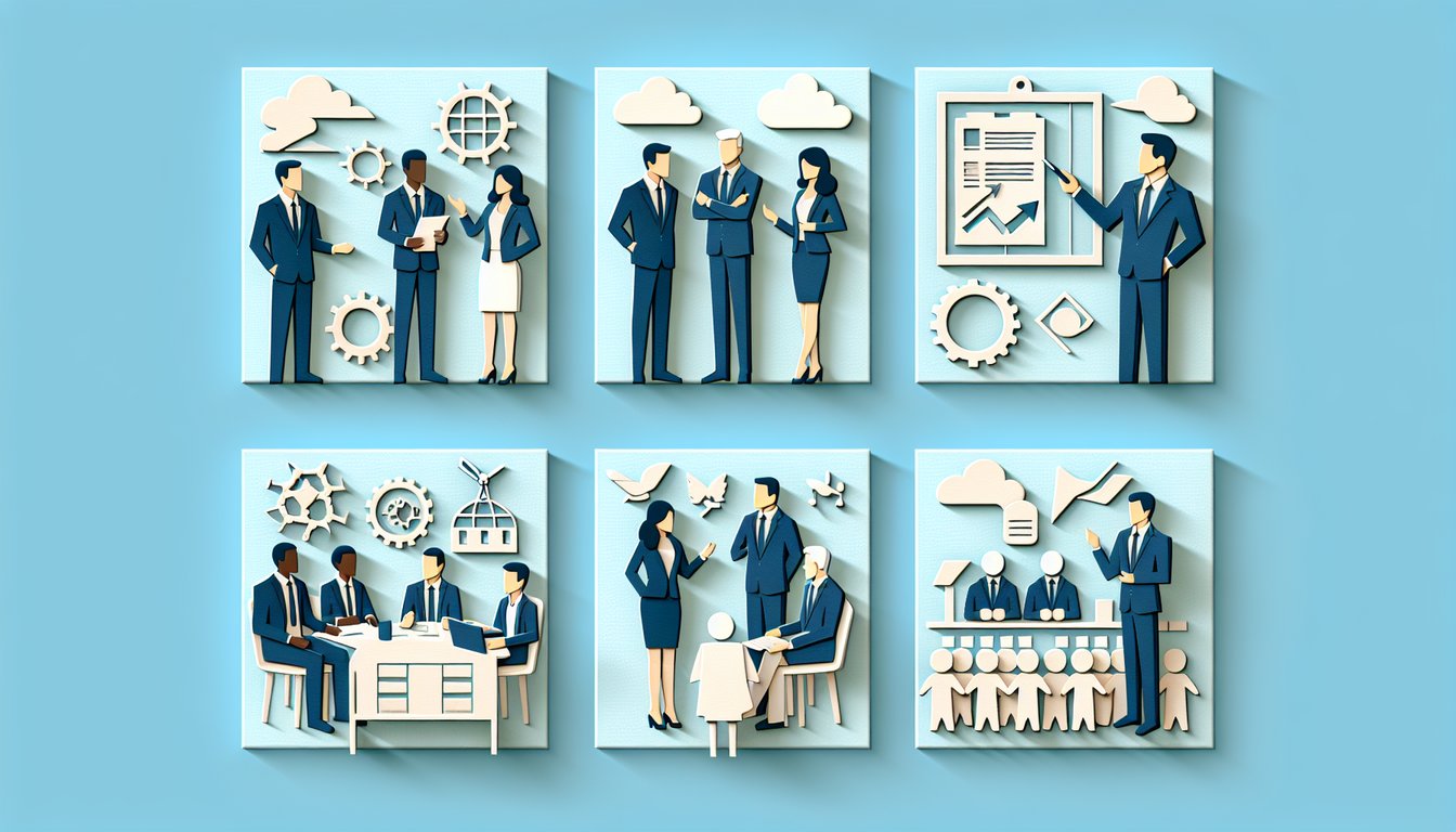 Paper art illustration of diverse managers at desk reviewing growth chart and checkmarks on sky blue background