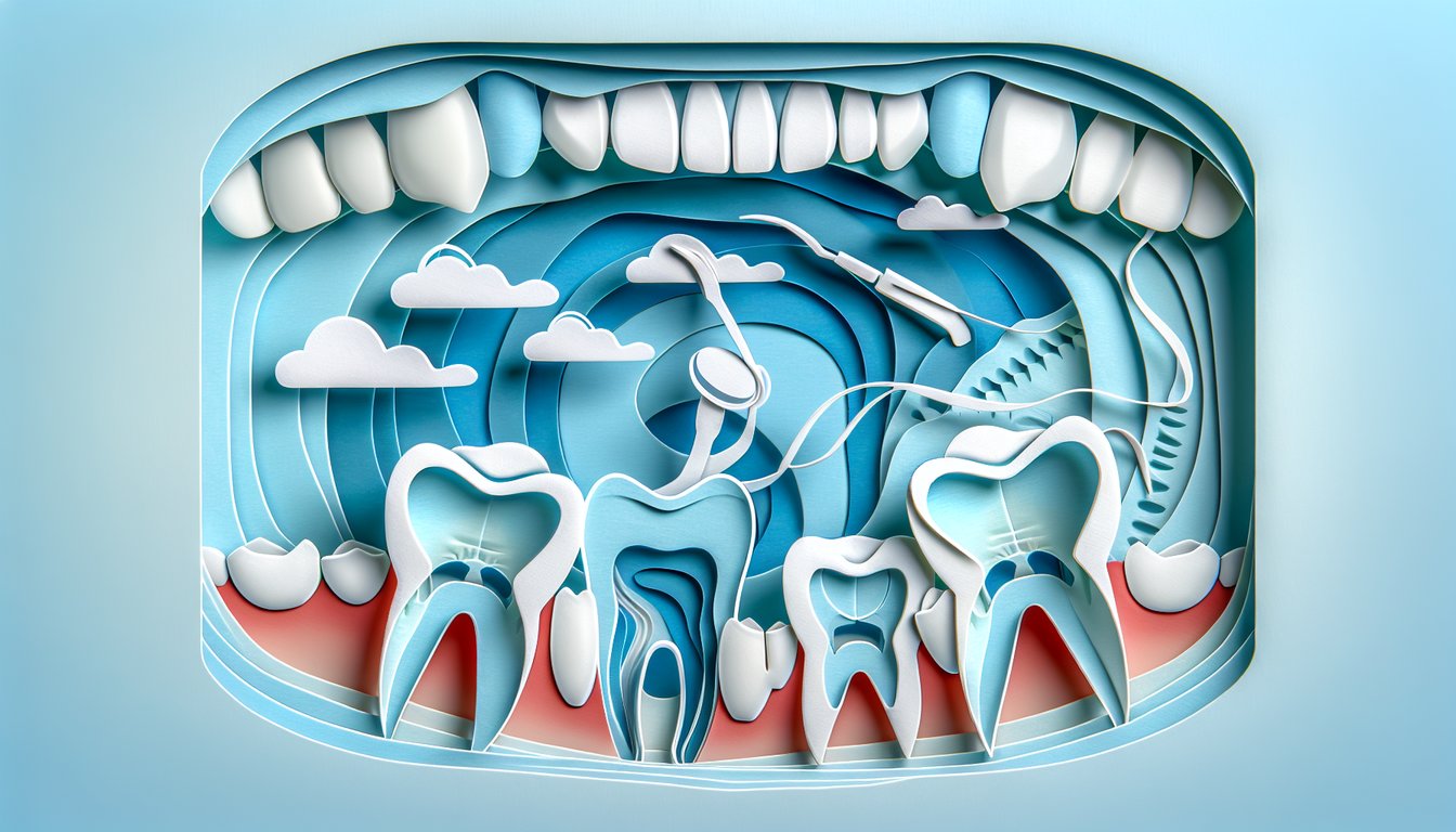 Paper art upper and lower molars with cusps and bite mechanics icons on sky blue background for dental anatomy quiz