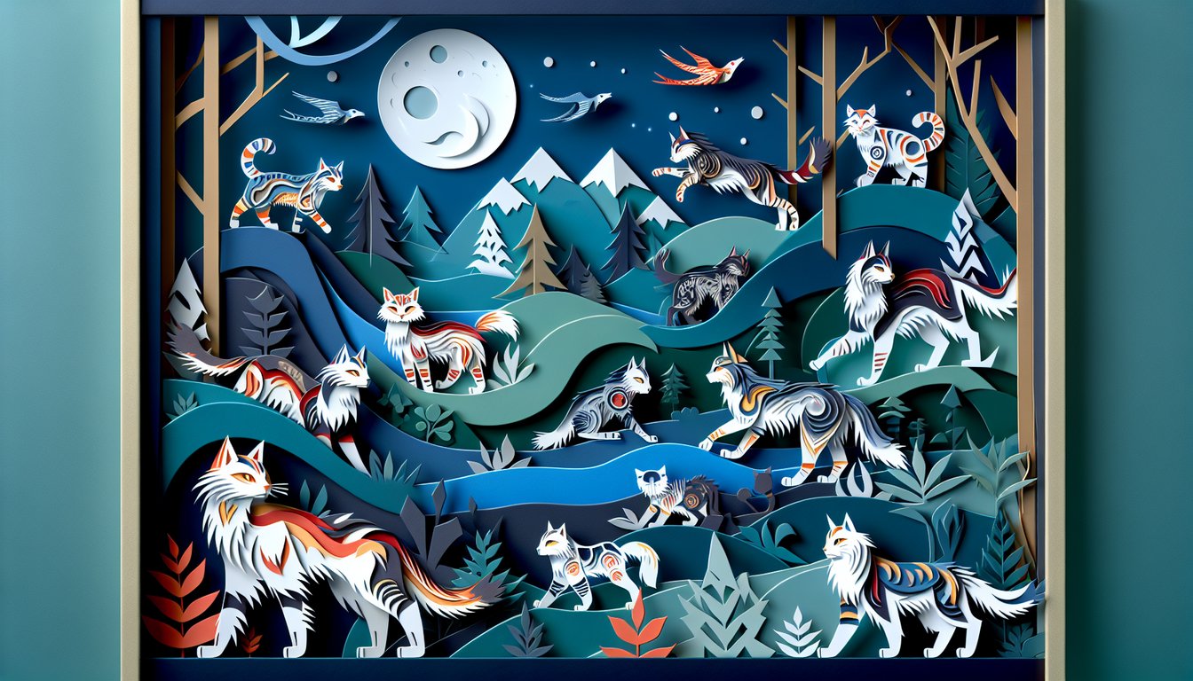 Paper art collage of warrior cat silhouettes clan symbols and fur pattern samples on dark blue background