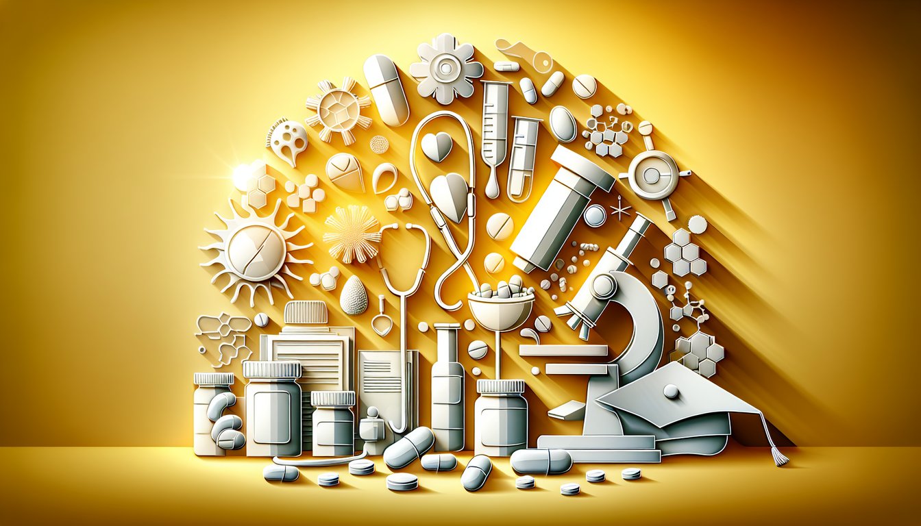 Paper art illustration for Pharmacy Board Exam quiz on a golden yellow background