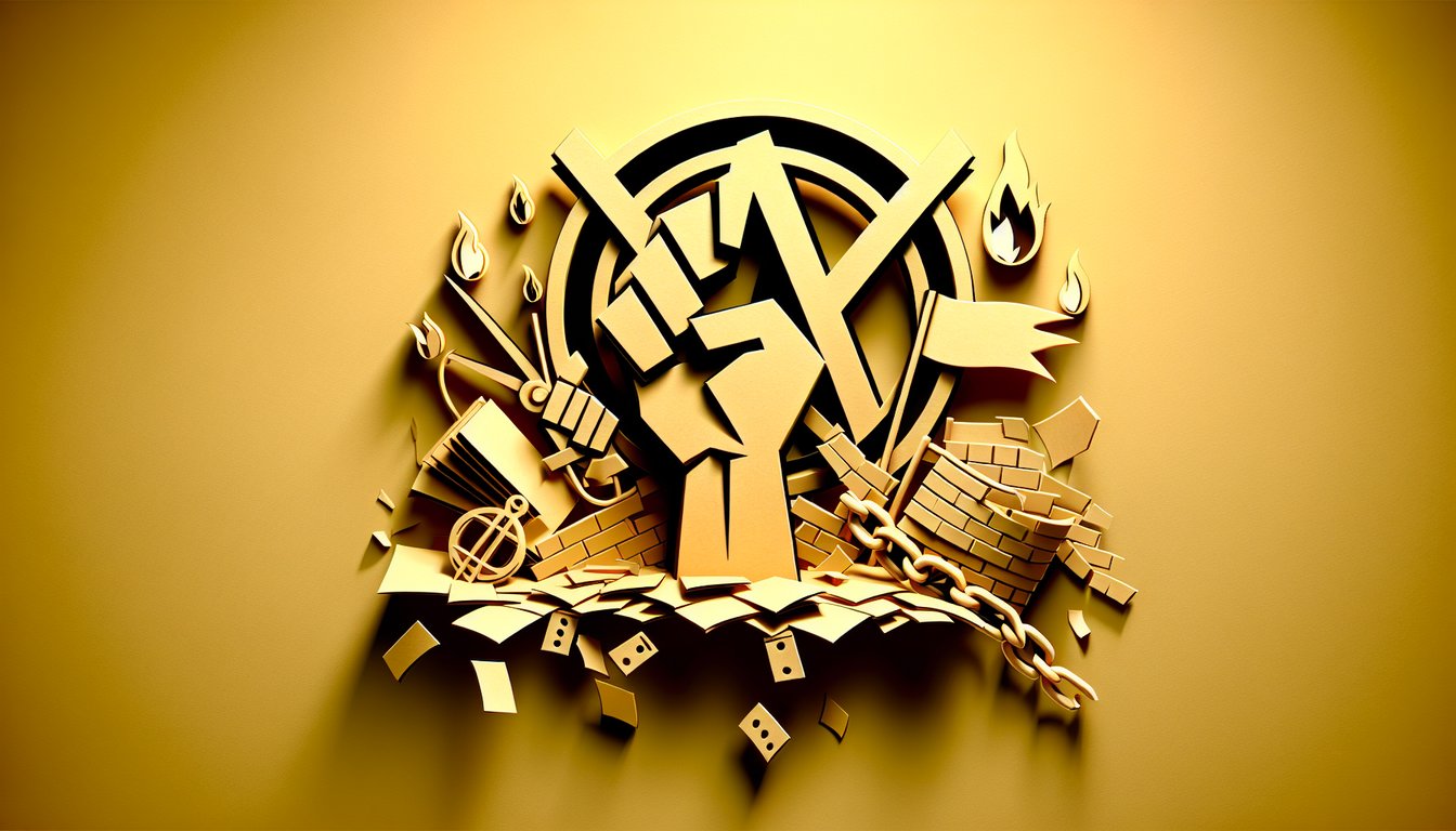 Paper art illustration for anarchist test quiz on golden yellow background