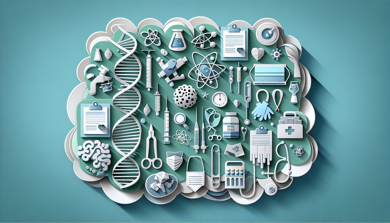 Paper art illustration for AST practice test quiz on teal background