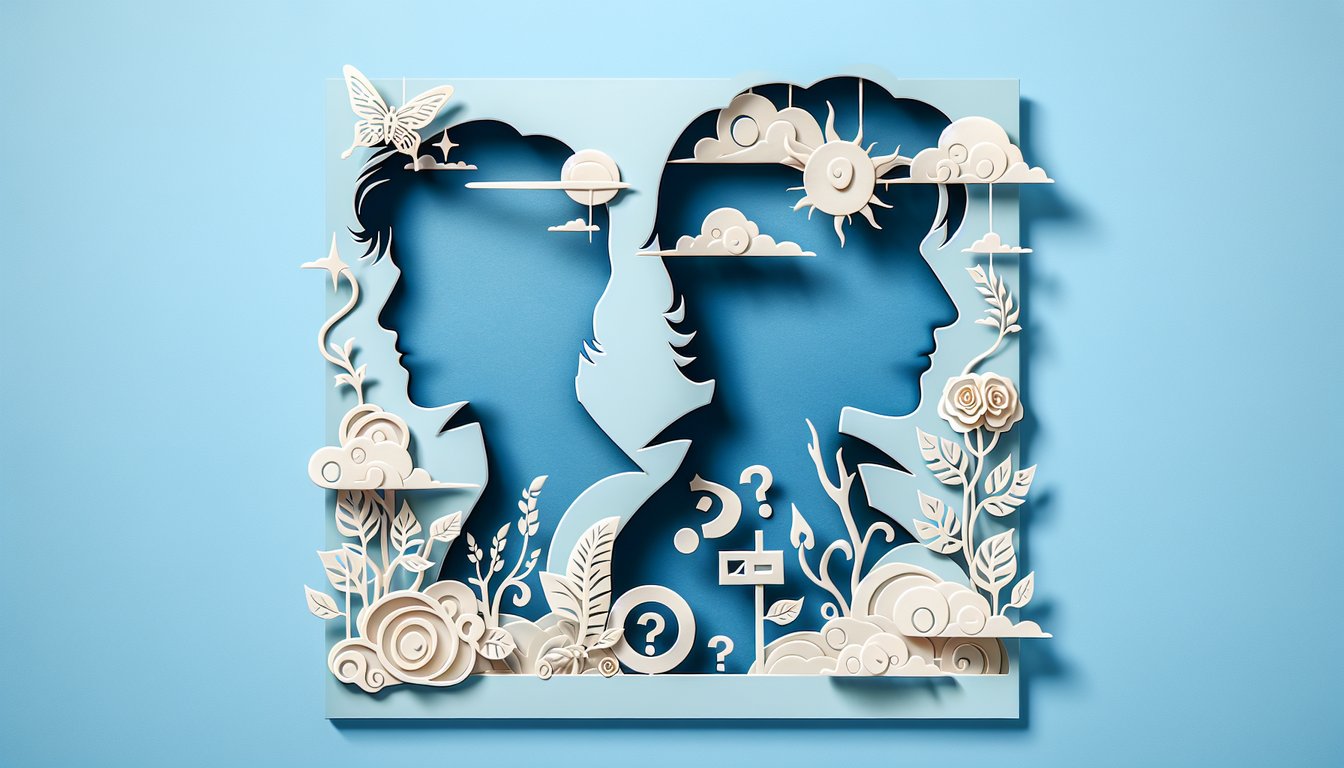 Paper art illustration of dreamy and rugged male profiles on sky blue background for boyfriend appearance quiz