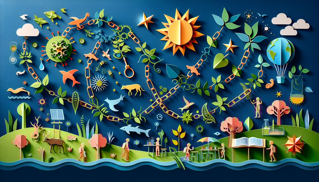 Paper art depicting Food Chain Frenzy trivia for middle school students.
