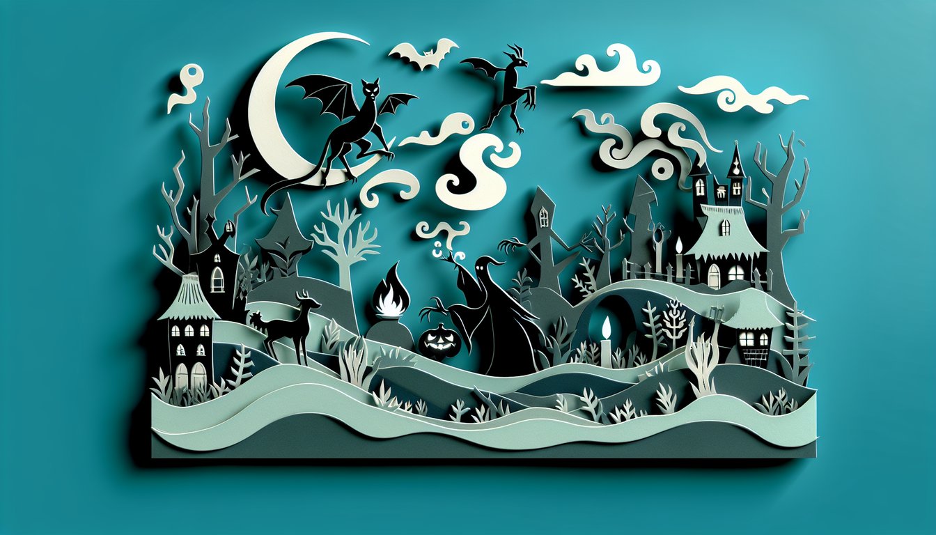 Paper art illustration for Black Demon Stories quiz on a teal background