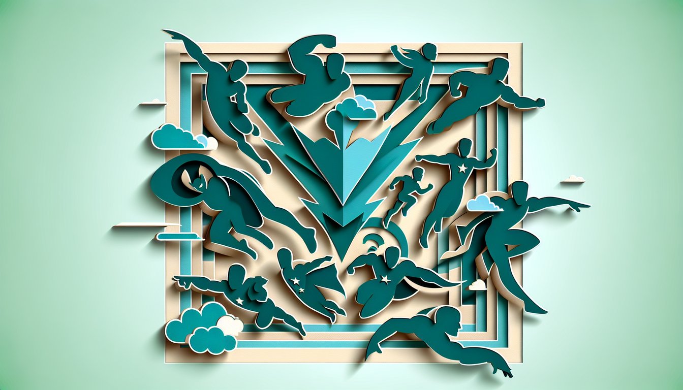 Paper art illustration, DC Peacemaker quiz on teal background with dove helmet starburst and hero silhouettes