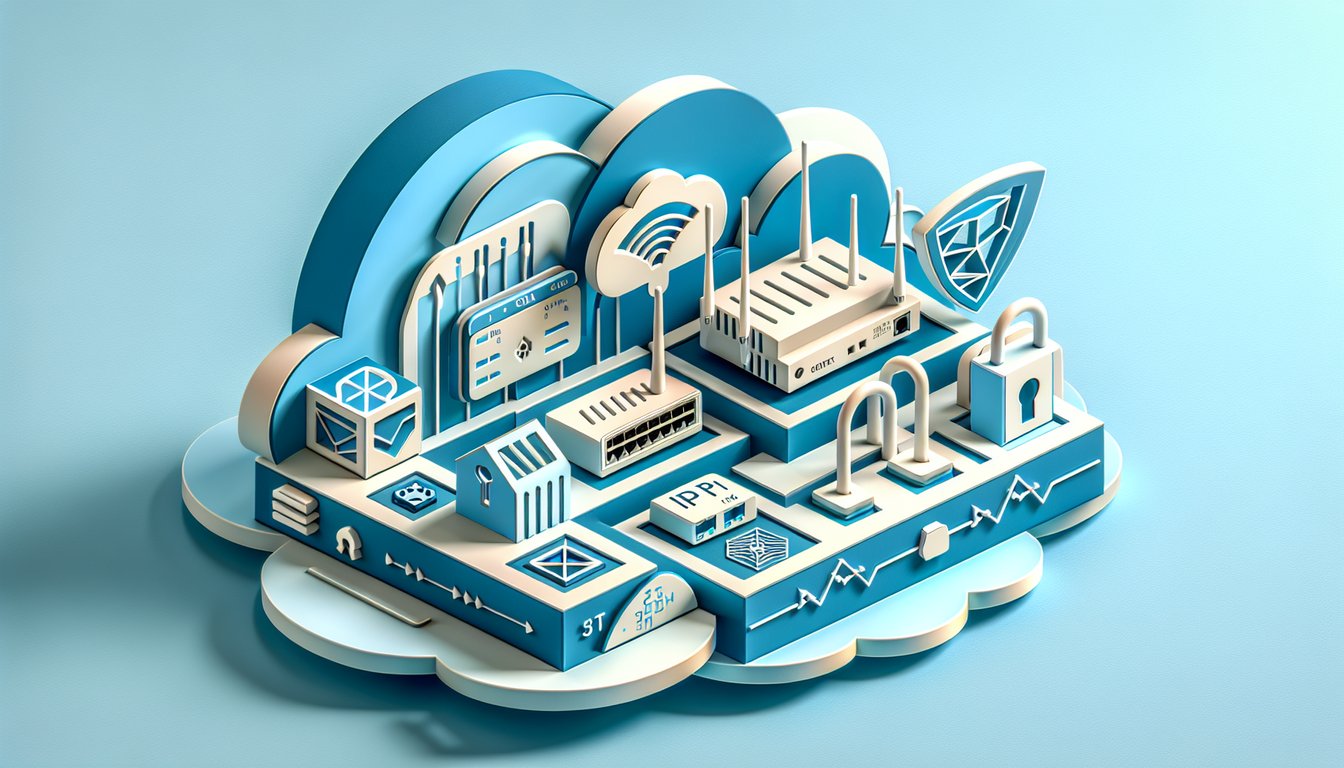 Paper art scene showing a router with network nodes and shield icons on sky blue background for CCNA practice exam quiz