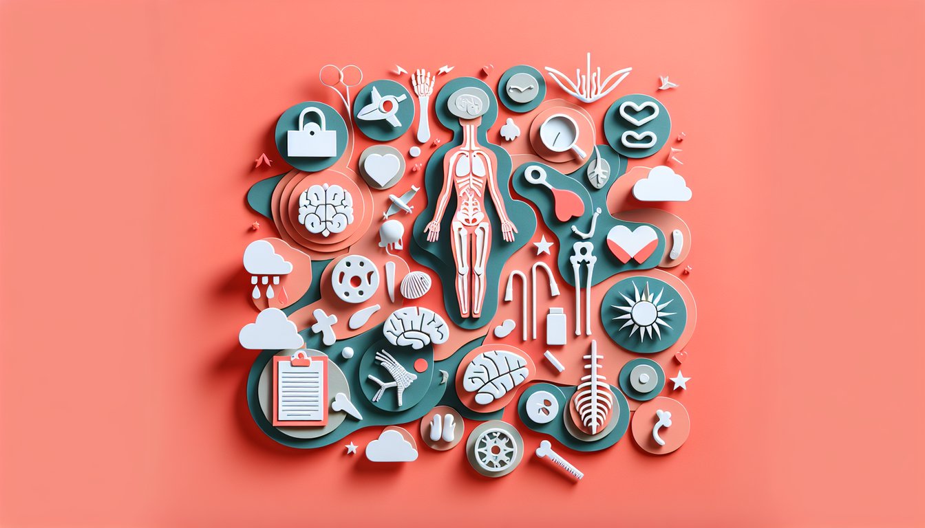 Paper art style human anatomy quiz graphic featuring paper cutout skeleton skull organs muscles systems on coral background