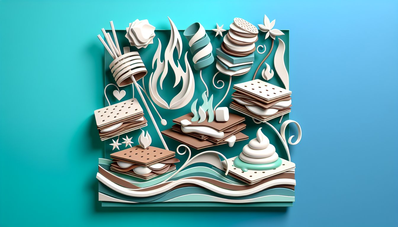 Paper cut illustration of SMORES ingredients marshmallow chocolate graham cracker quiz prompt on teal background