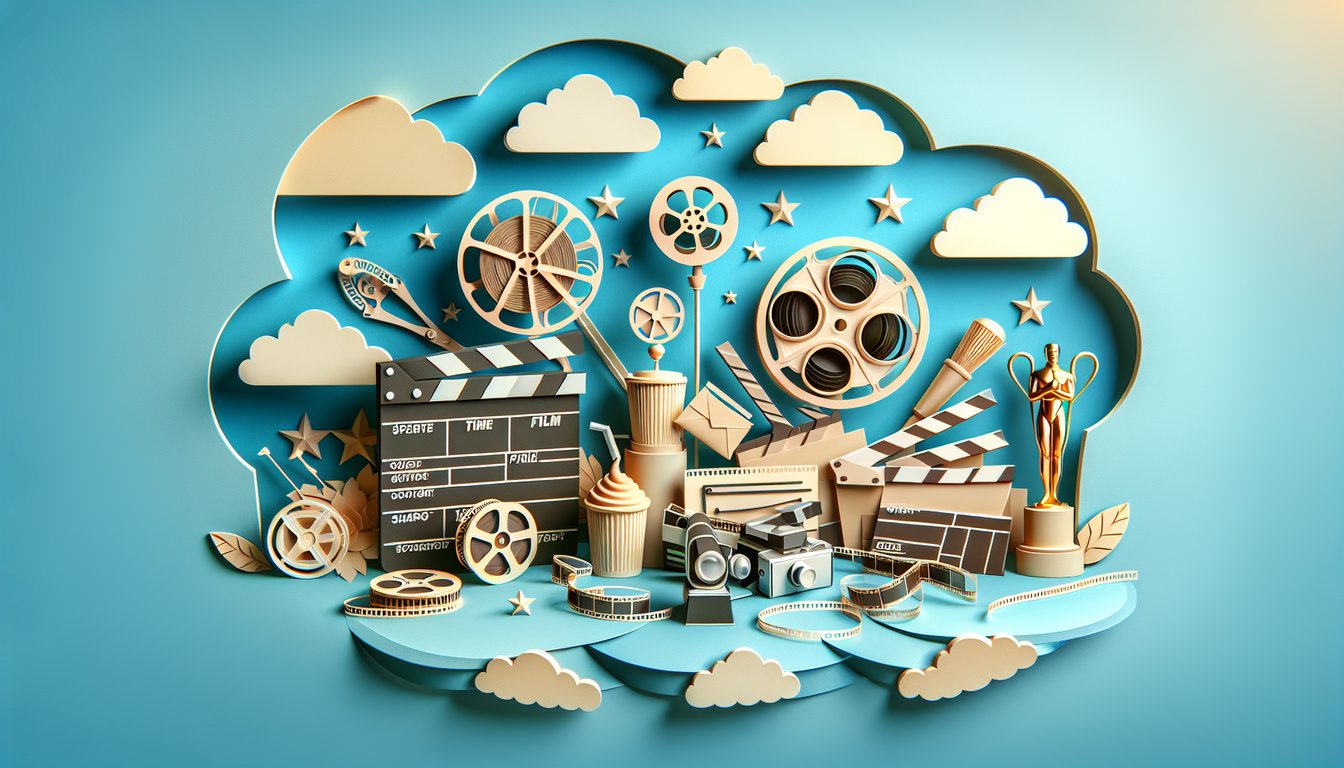 Paper art illustration for Bollywood trivia quiz on a sky blue background