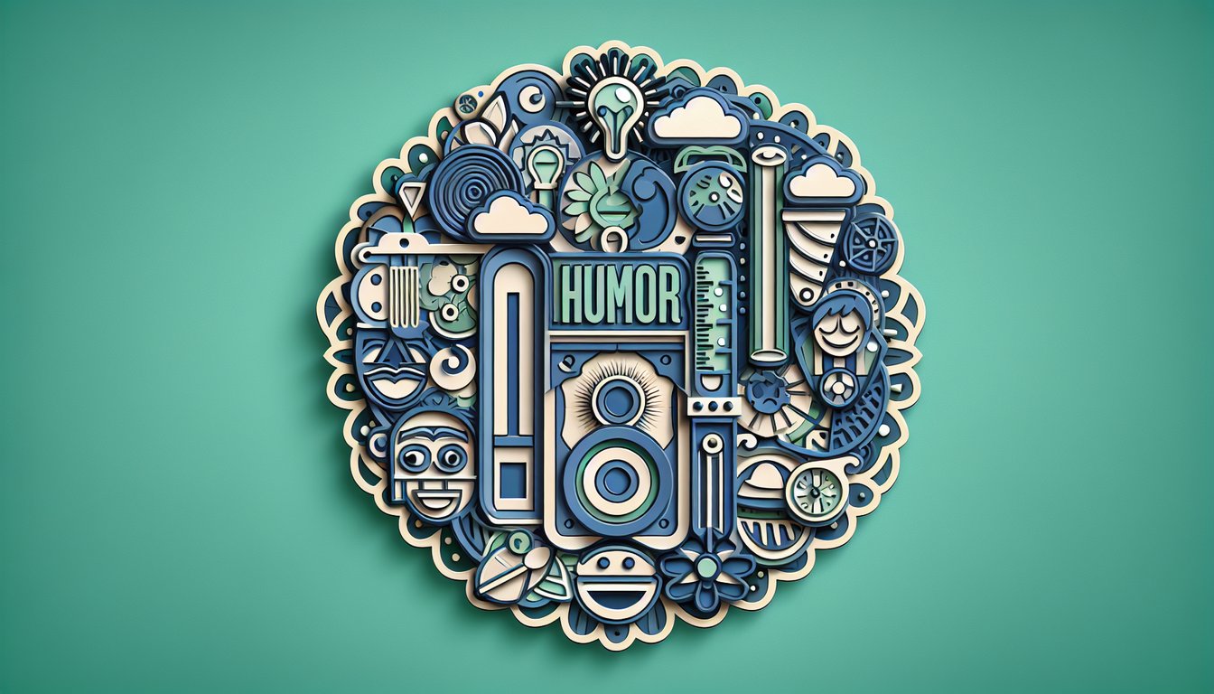 Paper art scene shows smiling comic masks, and puzzle pieces arranged on teal background for humor defense personality quiz