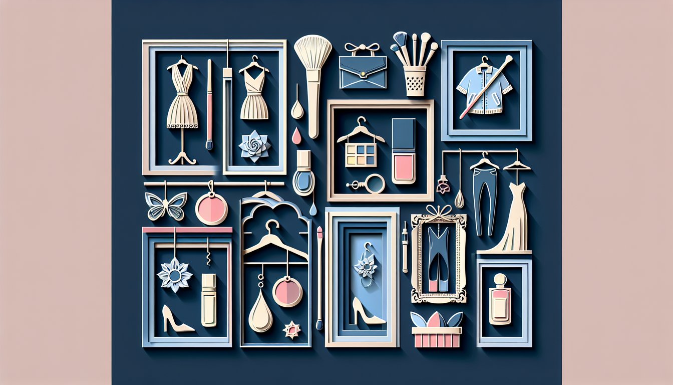 paper art collage with face silhouettes floral motifs makeup icons on dark blue background for beauty style quiz.