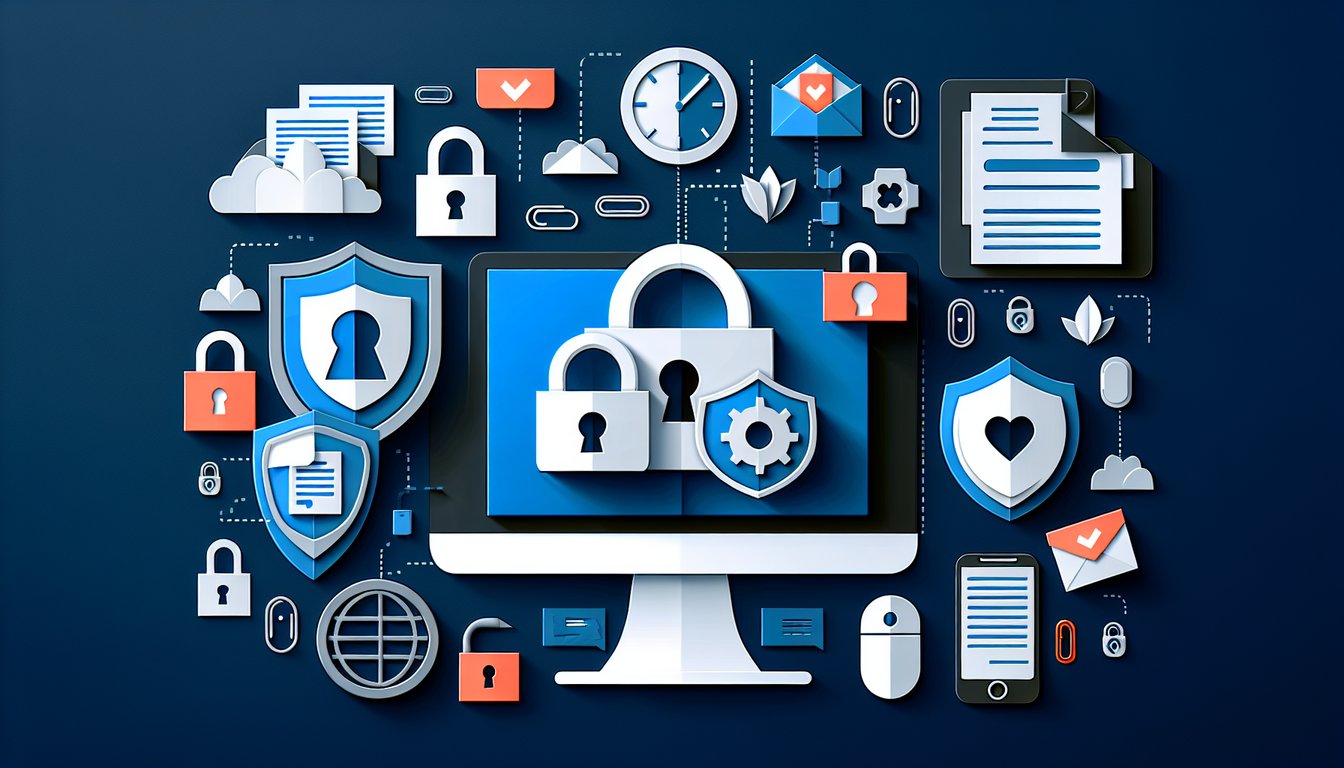 Colorful paper art depicting elements of digital security for an employee trivia quiz