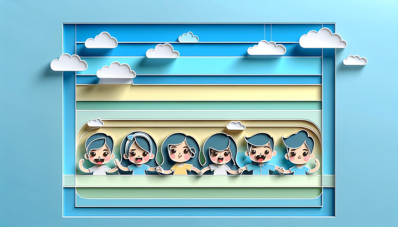 Paper art illustration for anime personality quiz featuring Quintessential Quintuplets on sky blue background.